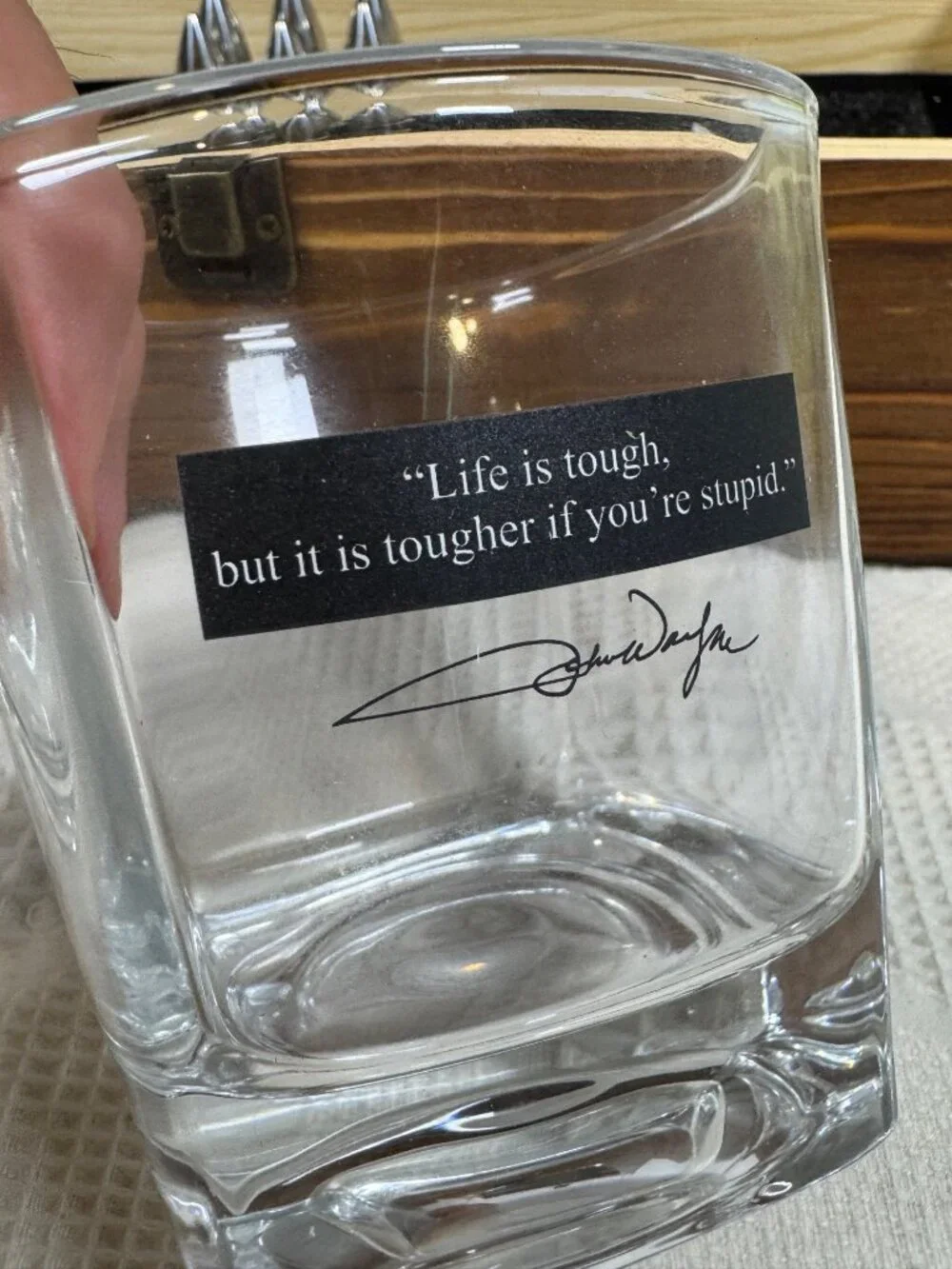 Whiskey Glass Gift Set w Bullet Shaped Chillers & John Wayne Quotes In Wood Box
